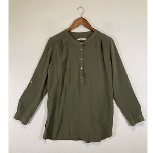 Safari Utility Loft Women Large Olive Green Roll-Tab Sleeve Henley Tunic Blouse